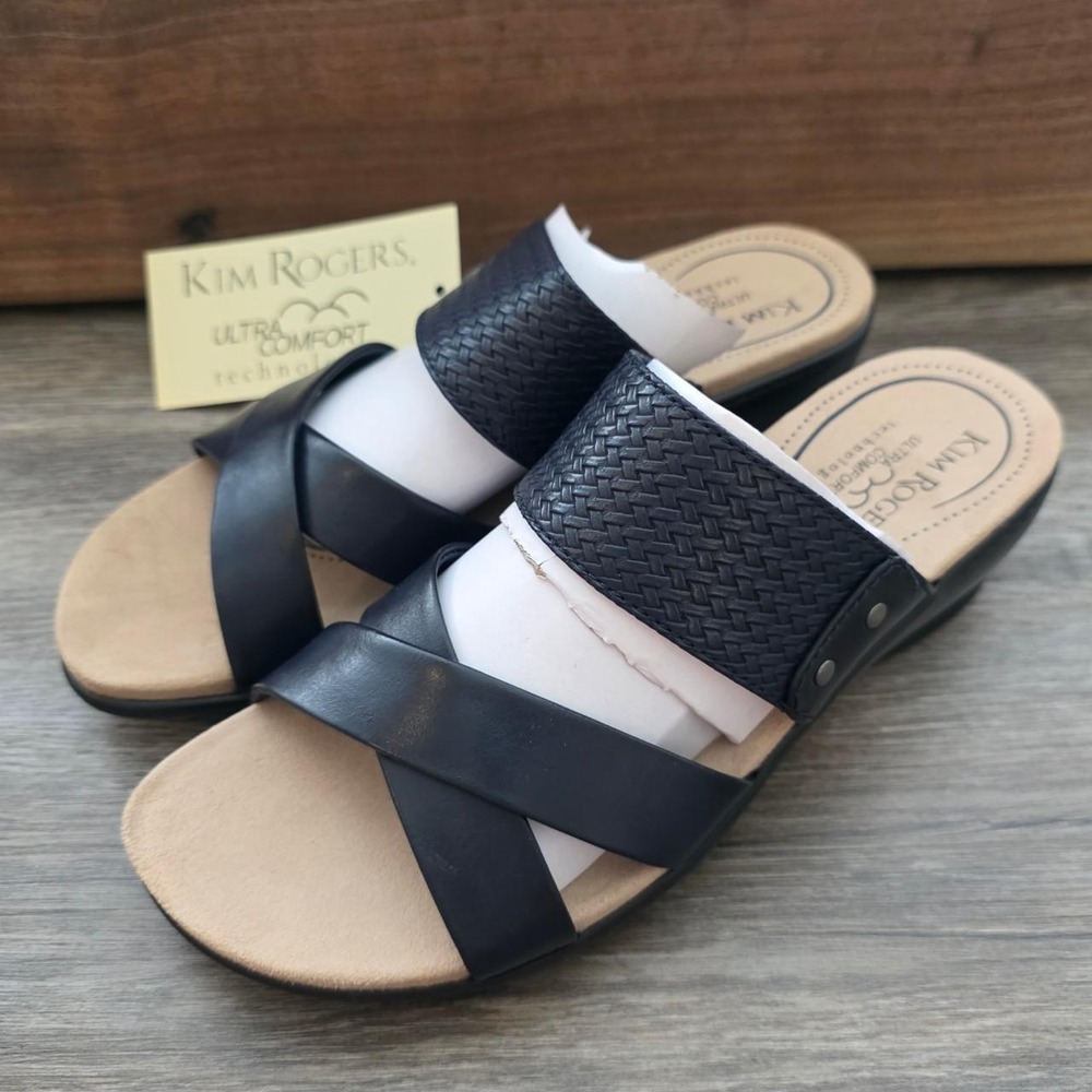 Kim Rogers Ultra Comfort Navy Black Wedge Sandals Woven Slide Women 7.5 NEW